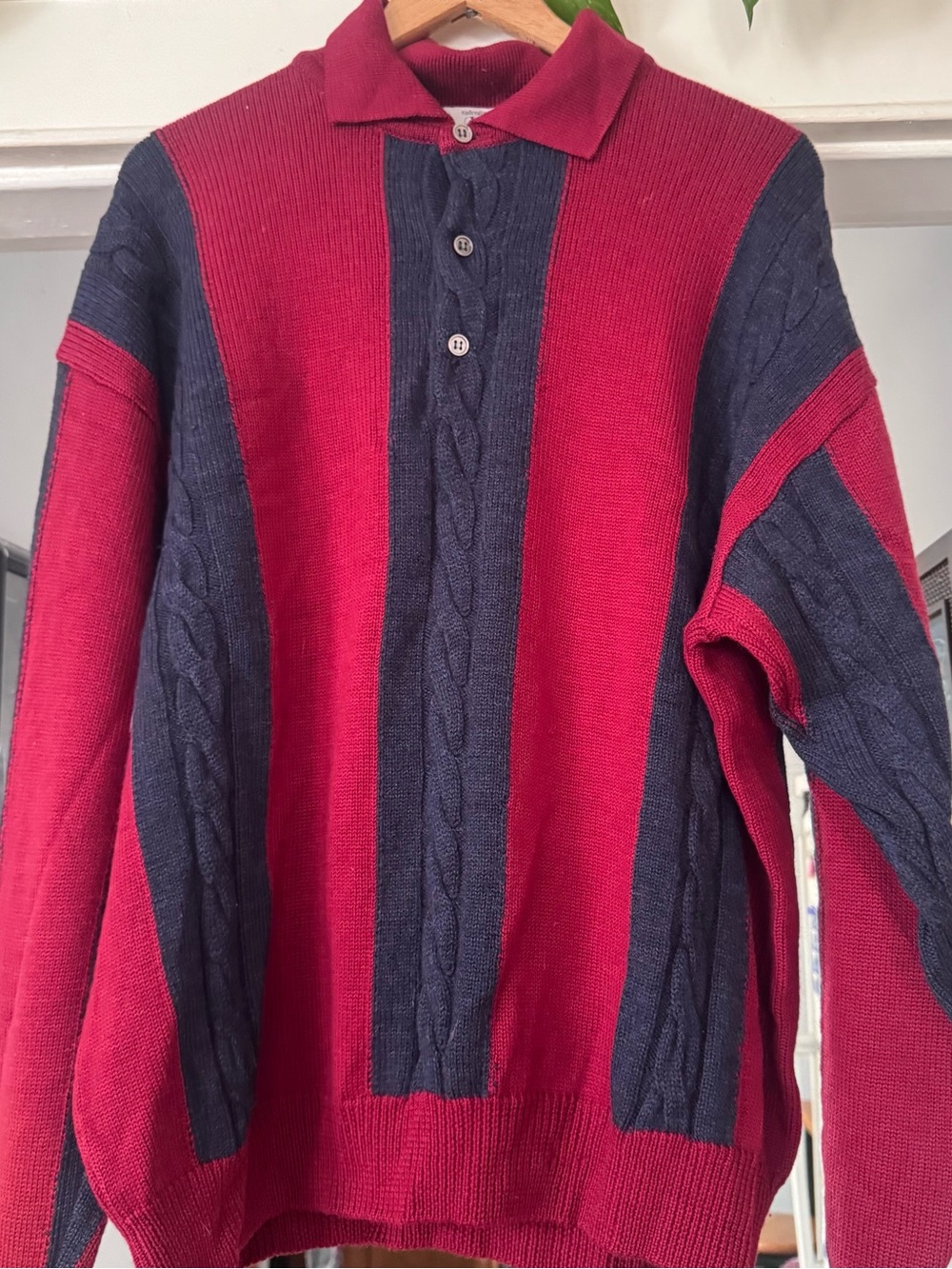 Vintage Valentino uomo vertical striped polo sweater collar red blue cable knit